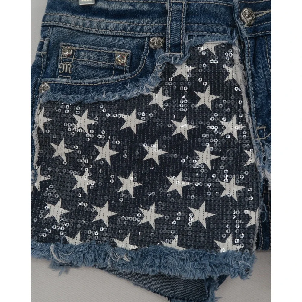 Miss Me Signature Americana Sequin Flag Denim Shorts Blue 29